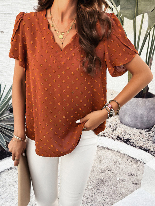 Dimitra Women's New Style Solid Color V-Neck Ruffle Sleeve Top