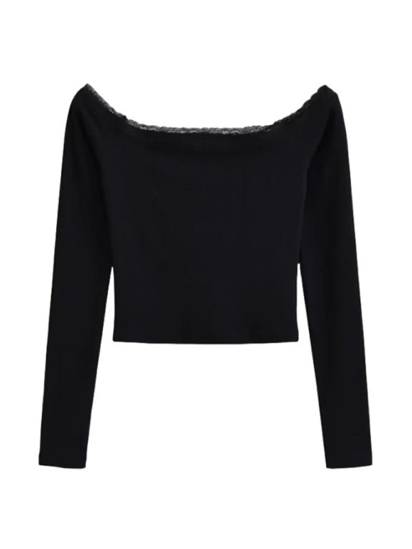 Ariya Women's Bateau Neck Lace Patchwork Long-Sleeved T-Shirt