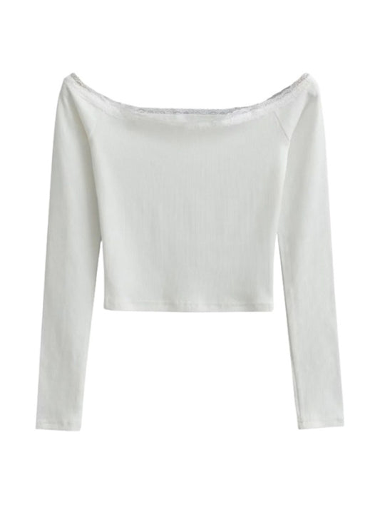 Ariya Women's Bateau Neck Lace Patchwork Long-Sleeved T-Shirt