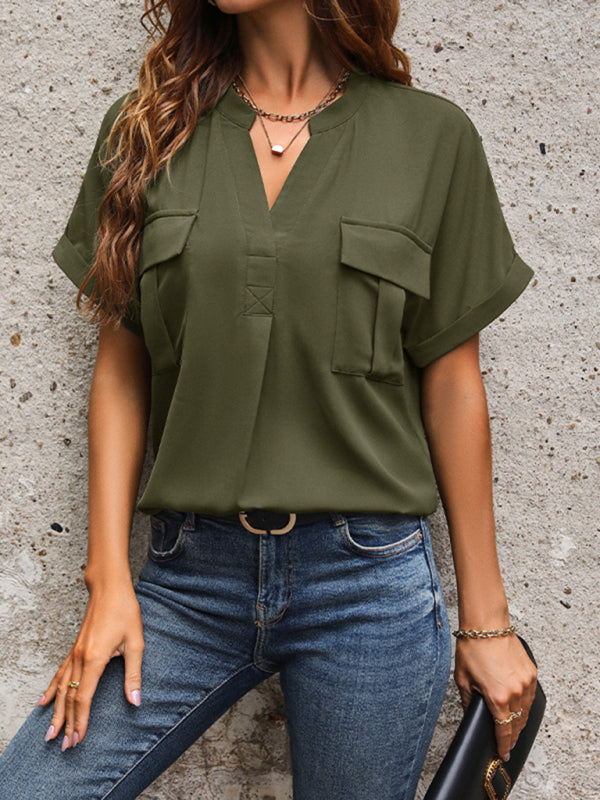 New Solid Color V-Neck Elegant Commuter Shirt With Pockets