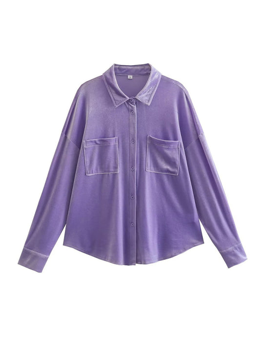 Alberta Women's Velvet Shirt Lapel Single Breasted Top