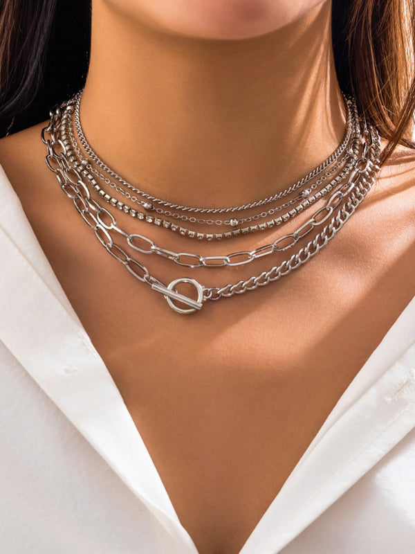 Women's New Style Personalized Simple Geometric OT Buckle Round Bead Multi-layer Bracelet Necklace