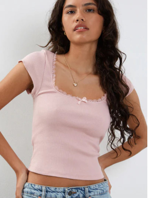 Rainie Women's Lace Bow Square Neck Knitted T-Shirt