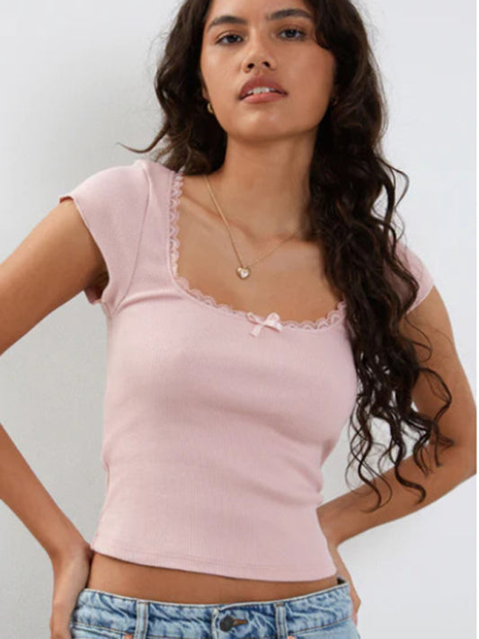 Rainie Women's Lace Bow Square Neck Knitted T-Shirt