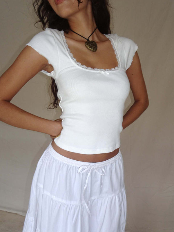 Rainie Women's Lace Bow Square Neck Knitted T-Shirt
