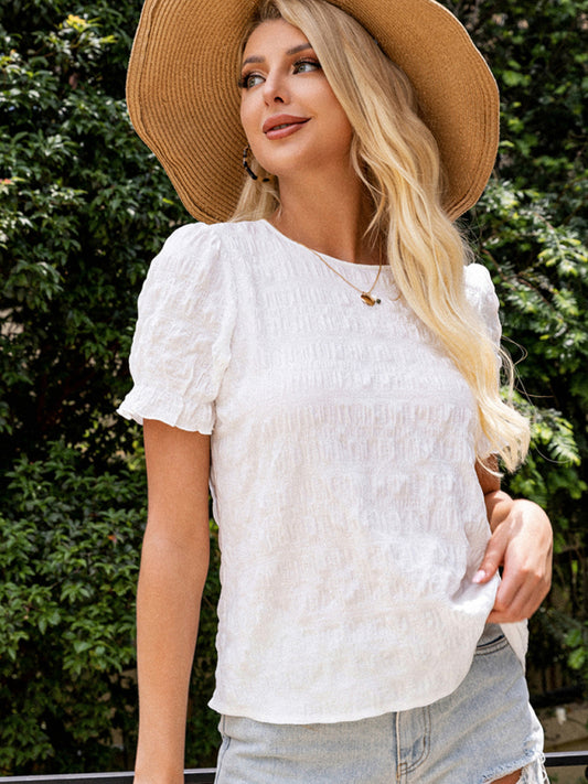 Delphia Women's New Casual Fashion Resort Style Solid Color Round Neck Ruffle Sleeve Top