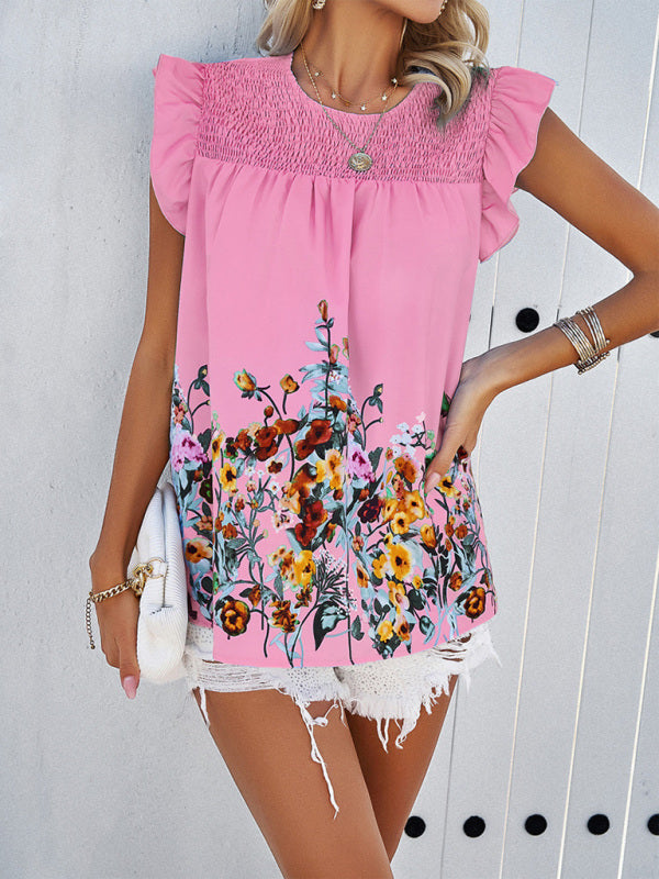 Angelica Temperamental Casual Printed Round Neck Ruffle Top
