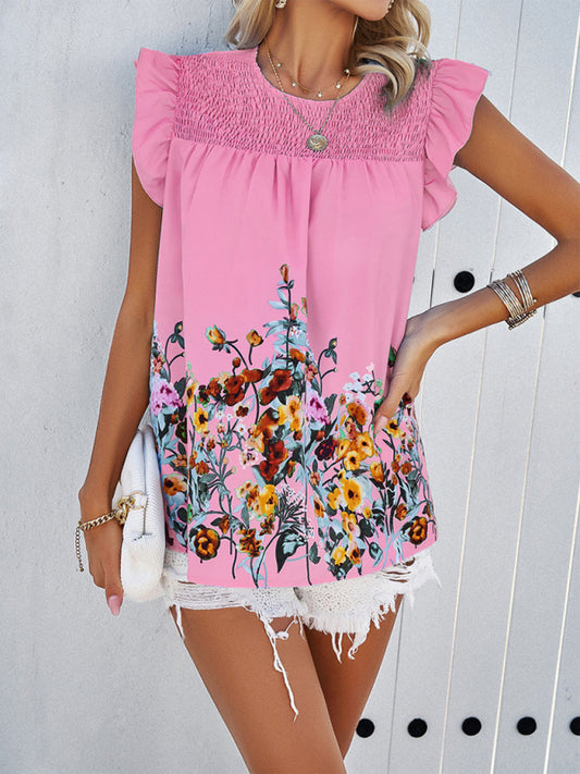 Angelica Temperamental Casual Printed Round Neck Ruffle Top