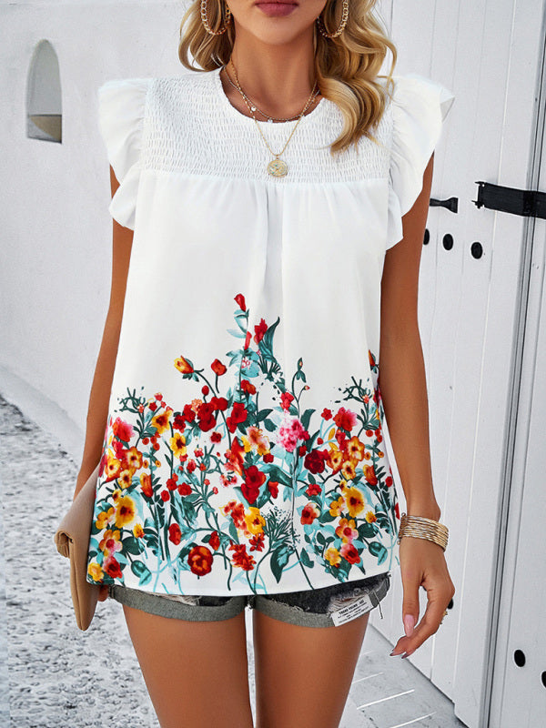 Angelica Temperamental Casual Printed Round Neck Ruffle Top