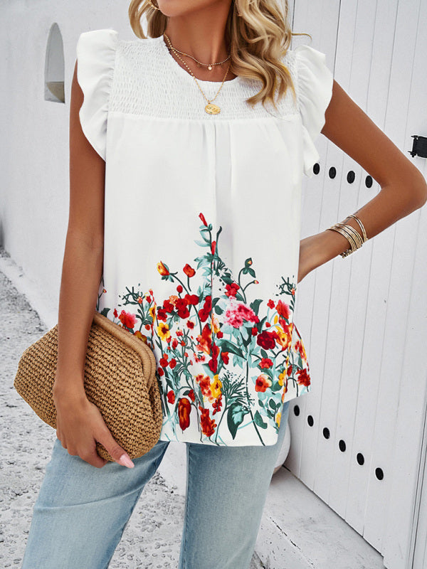 Angelica Temperamental Casual Printed Round Neck Ruffle Top