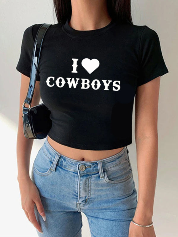 Angel Women's New Casual I Love Cowboys Versatile Letter Printed Short Top