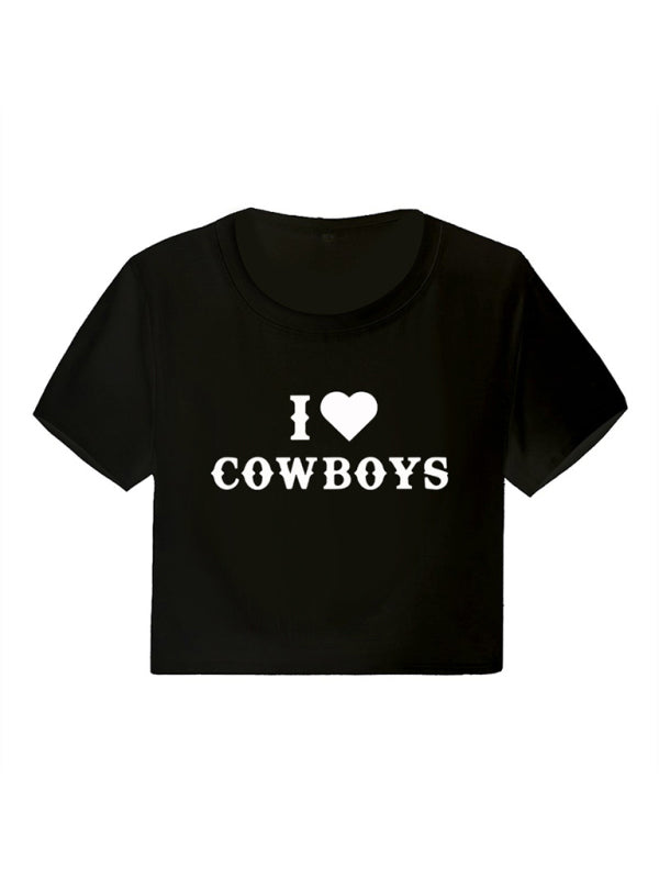 Angel Women's New Casual I Love Cowboys Versatile Letter Printed Short Top