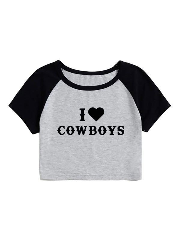 Angel Women's New Casual I Love Cowboys Versatile Letter Printed Short Top
