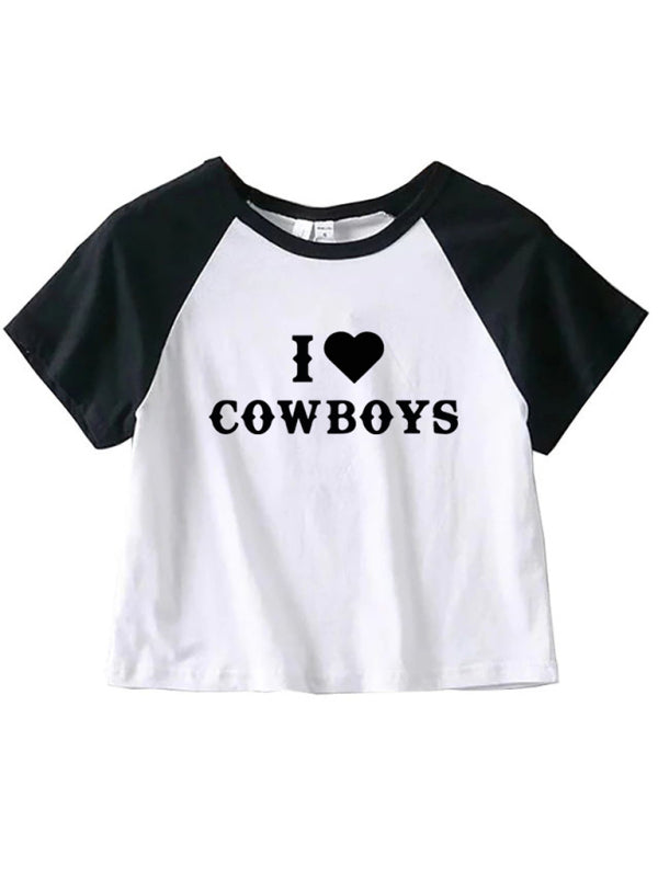 Angel Women's New Casual I Love Cowboys Versatile Letter Printed Short Top