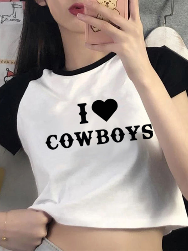 Angel Women's New Casual I Love Cowboys Versatile Letter Printed Short Top