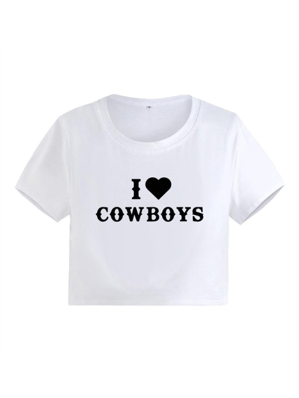 Angel Women's New Casual I Love Cowboys Versatile Letter Printed Short Top