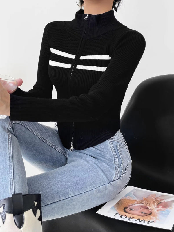 Iris Women's New Double-Ended Zipper Striped Waisted Curved Long-Sleeved Knitted Cardigan Jacket