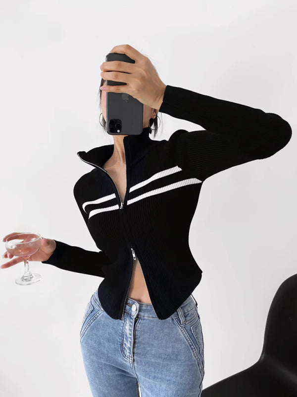 Iris Women's New Double-Ended Zipper Striped Waisted Curved Long-Sleeved Knitted Cardigan Jacket