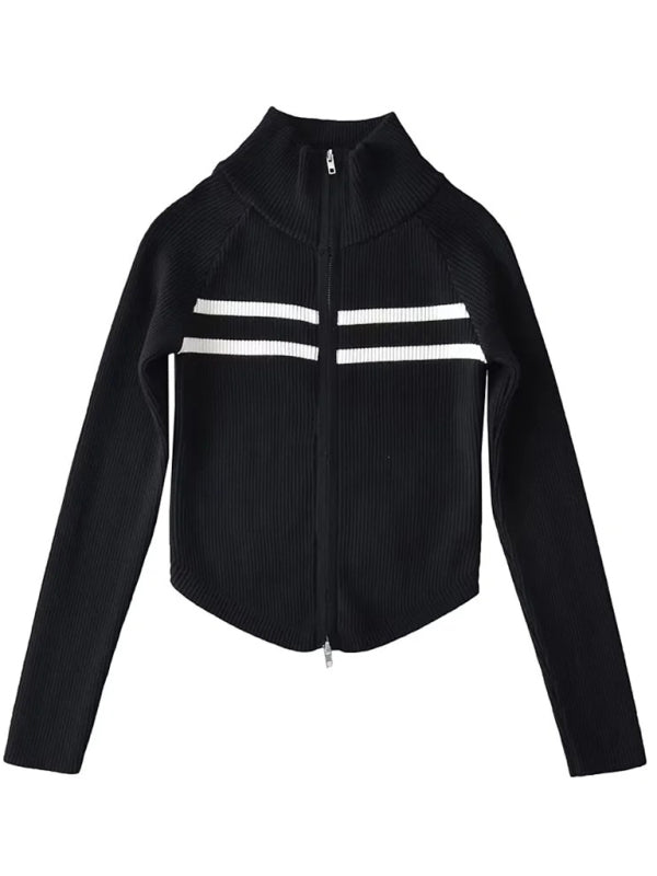 Iris Women's New Double-Ended Zipper Striped Waisted Curved Long-Sleeved Knitted Cardigan Jacket