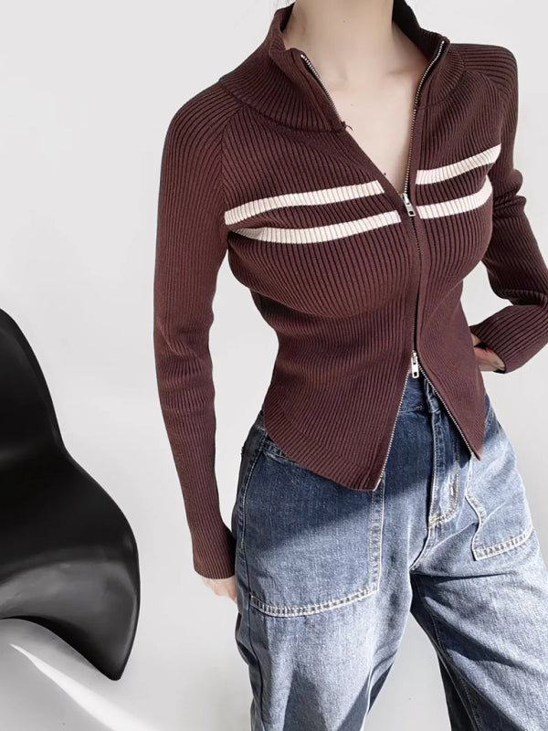 Iris Women's New Double-Ended Zipper Striped Waisted Curved Long-Sleeved Knitted Cardigan Jacket