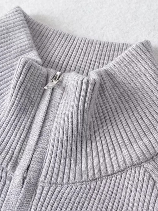 Iris Women's New Double-Ended Zipper Striped Waisted Curved Long-Sleeved Knitted Cardigan Jacket