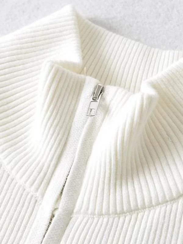 Iris Women's New Double-Ended Zipper Striped Waisted Curved Long-Sleeved Knitted Cardigan Jacket