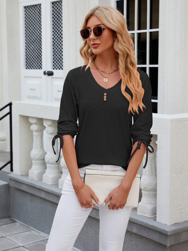 Avery Women's V-Neck Three-Quarter Sleeve Button Drawstring Loose T-Shirt Top
