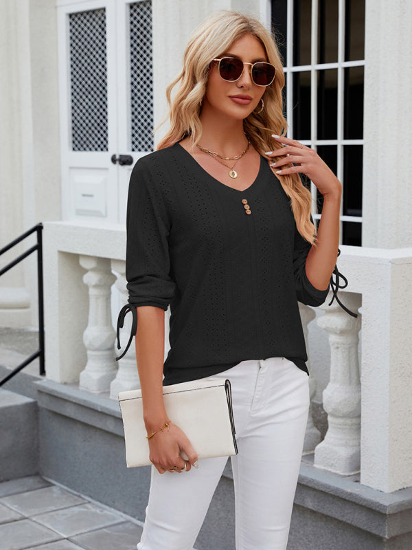 Avery Women's V-Neck Three-Quarter Sleeve Button Drawstring Loose T-Shirt Top