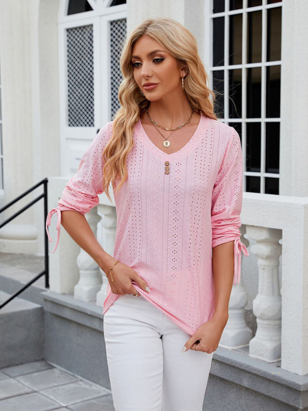 Avery Women's V-Neck Three-Quarter Sleeve Button Drawstring Loose T-Shirt Top