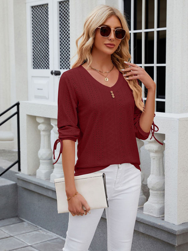 Avery Women's V-Neck Three-Quarter Sleeve Button Drawstring Loose T-Shirt Top