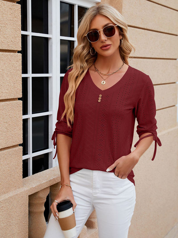Avery Women's V-Neck Three-Quarter Sleeve Button Drawstring Loose T-Shirt Top