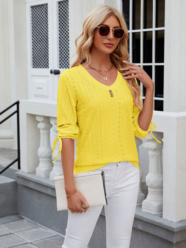Avery Women's V-Neck Three-Quarter Sleeve Button Drawstring Loose T-Shirt Top