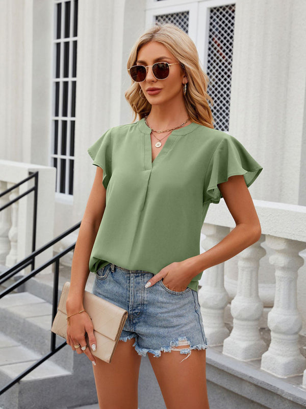 Dahliana V-Neck Flying Sleeve Solid Color Short-Sleeved Chiffon Loose Top