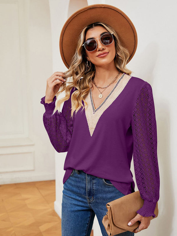 Coralie V-Neck Lace Patchwork Hollow Long-Sleeved Loose Top T-Shirt