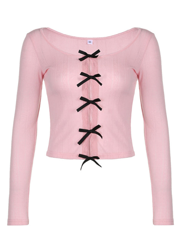 Coral Women's Casual Bow Lace Hollow Slim Long-Sleeved Top