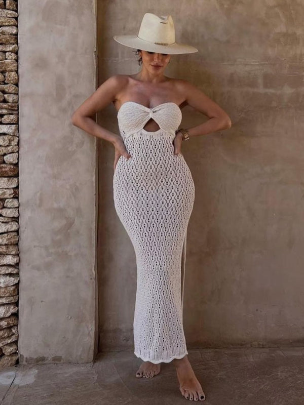 Rylee New Fashion Woman Tube Top Open Mesh Hollow Knitted Elastic Hip-Covering Hot Girl Dress