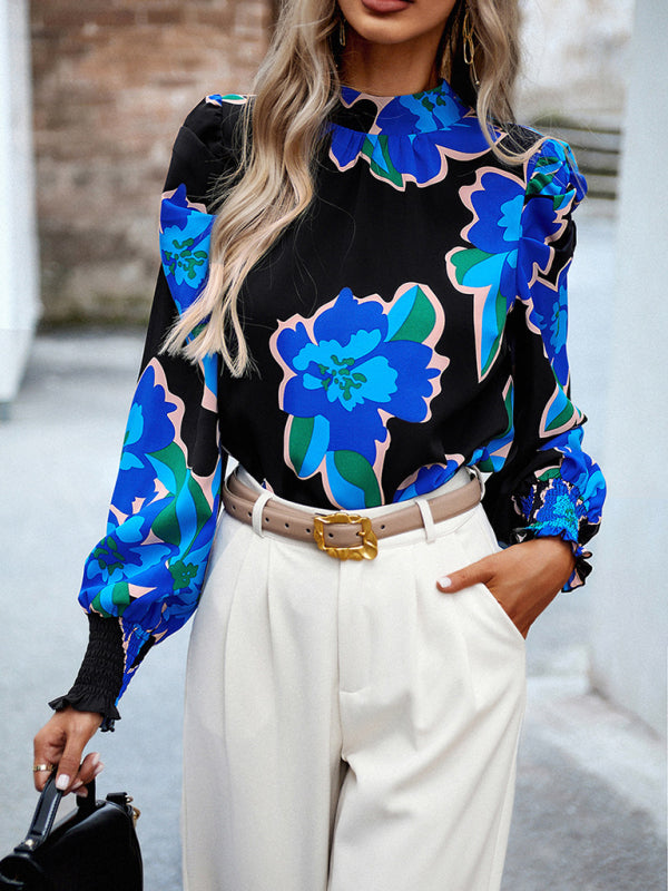 Ephina Women's Printed Turtleneck Puff Sleeve Top Blouse