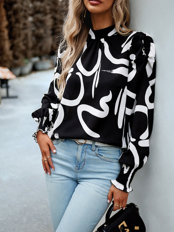 Ephina Women's Printed Turtleneck Puff Sleeve Top Blouse