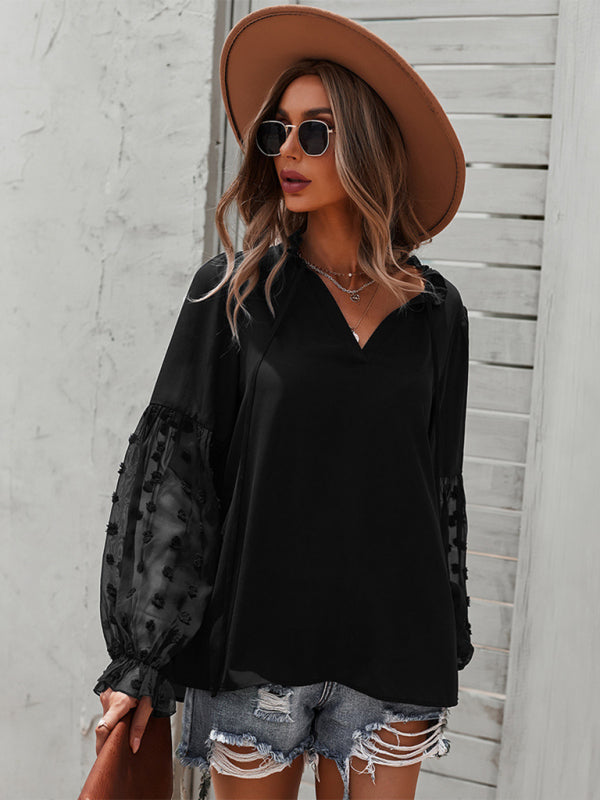 Emry Women's Elegant Lace Stand Collar Puff Sleeve Shirt