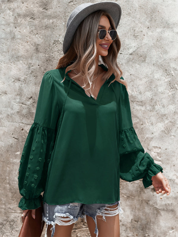 Emry Women's Elegant Lace Stand Collar Puff Sleeve Shirt