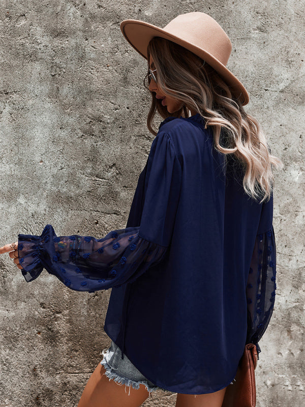 Emry Women's Elegant Lace Stand Collar Puff Sleeve Shirt