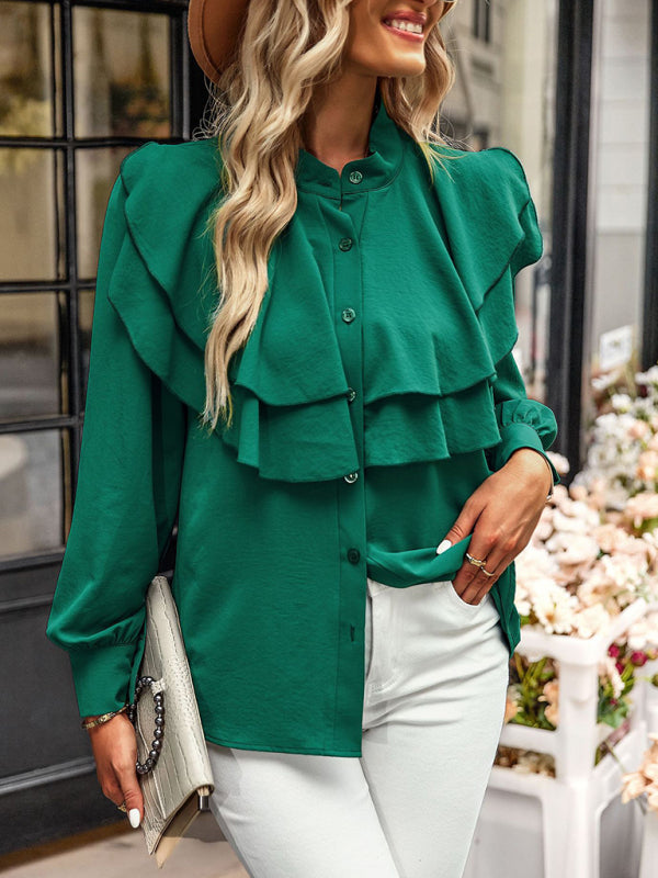 Emeliana Women's Elegant Ruffled Stand-Collar Button-Down Shirt