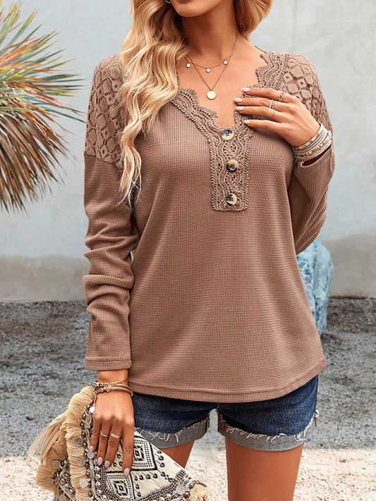 Colette Women's Casual Lace V-Neck Buttoned Knit Top