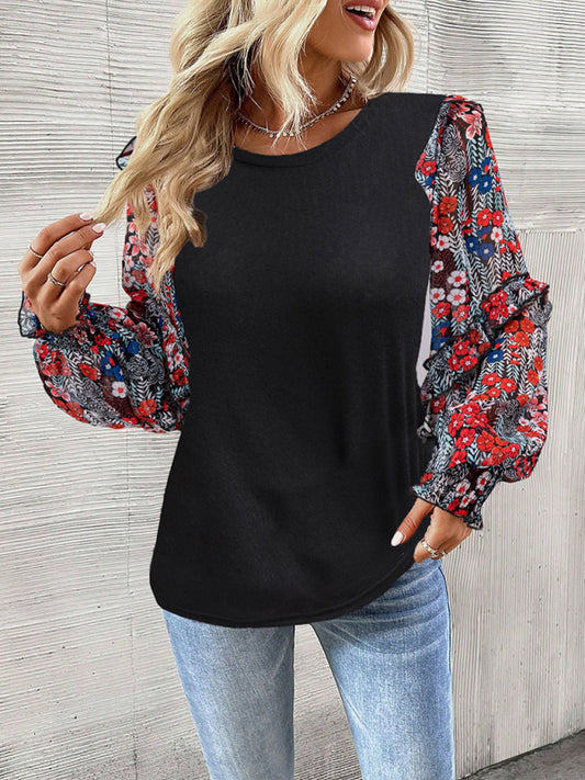 Colette Women's Printed Sleeve Patchwork Crew Neck Shirt