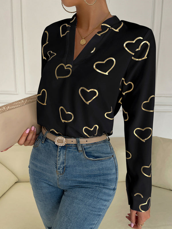 Elva Women's Love Stamping Elegant V-Neck Shirt