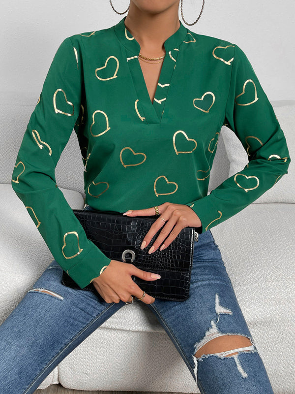 Elva Women's Love Stamping Elegant V-Neck Shirt