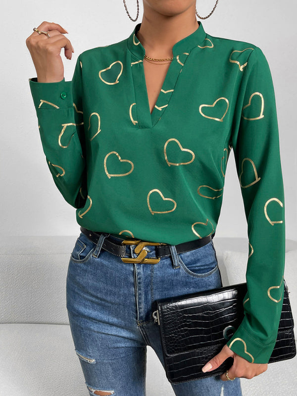 Elva Women's Love Stamping Elegant V-Neck Shirt