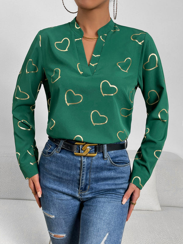 Elva Women's Love Stamping Elegant V-Neck Shirt