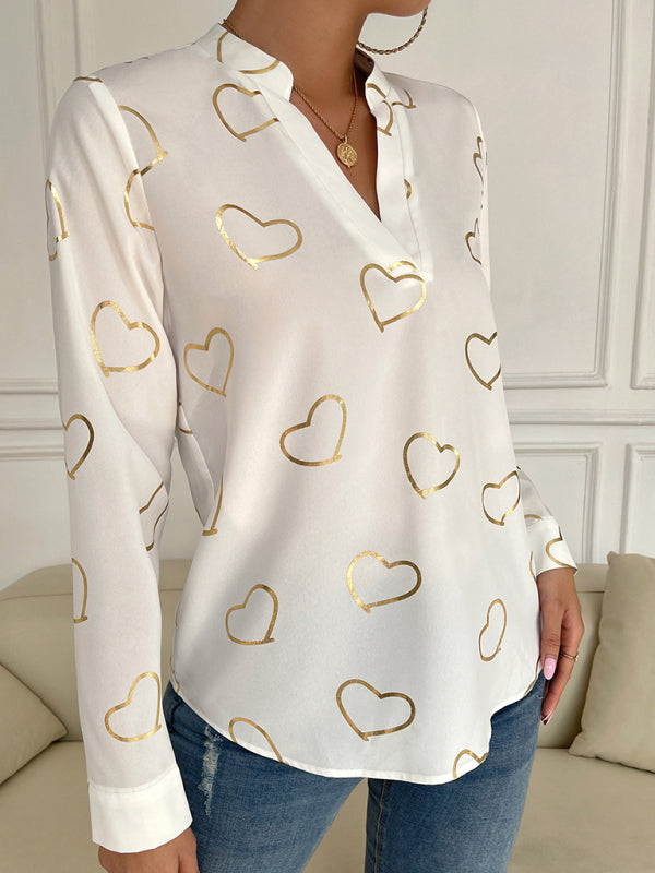 Elva Women's Love Stamping Elegant V-Neck Shirt