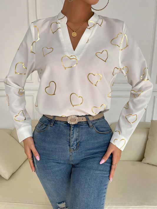 Elva Women's Love Stamping Elegant V-Neck Shirt